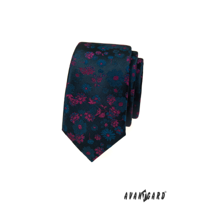 Ciemnoniebieski wąski krawat z kwiatowym wzorem w kolorze różowym
