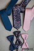 Niebieski wąski krawat z różowym wzorem - szerokość 6 cm